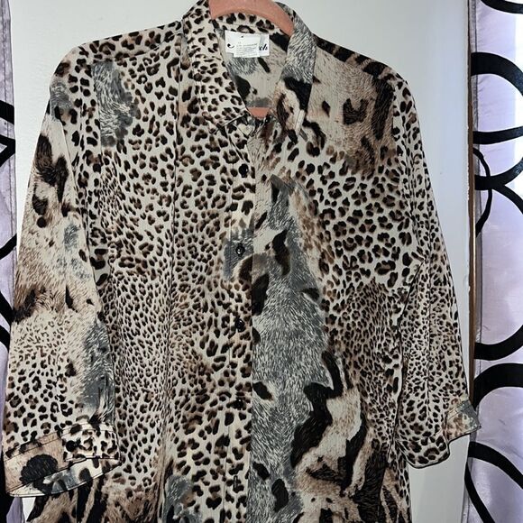 Vintage Animal Print Blouse Shirt Semi Sheer 90s Tiger Print by N Touch Medium - Picture 3 of 7